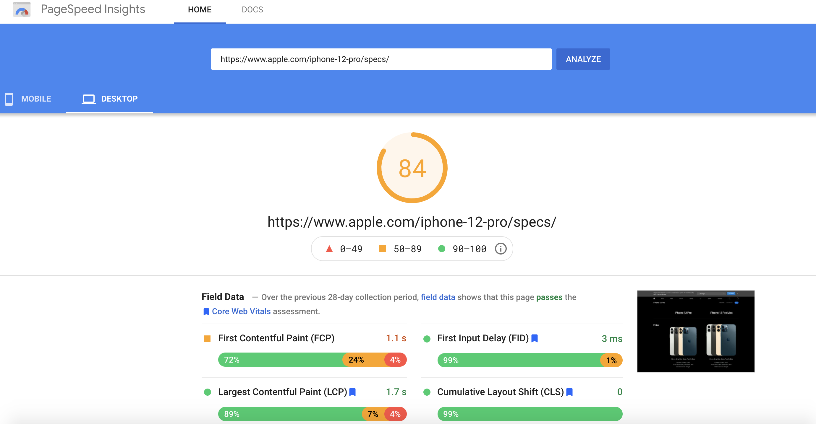pagespeed insights apple iphone 12 pro webpage